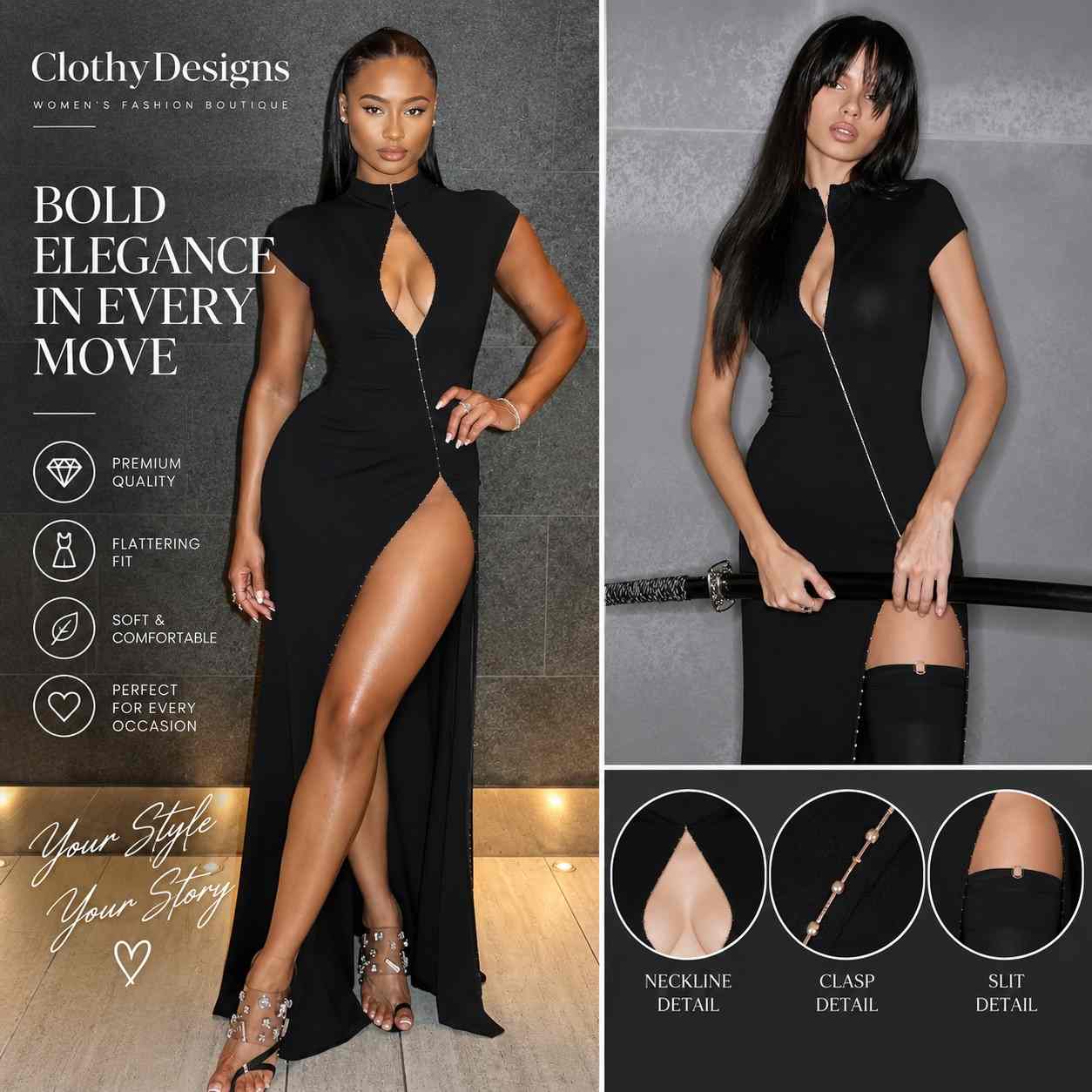 Women’s Qipao-Inspired Bodycon Maxi Dress – High-Slit Elegant Evening & Party Dress